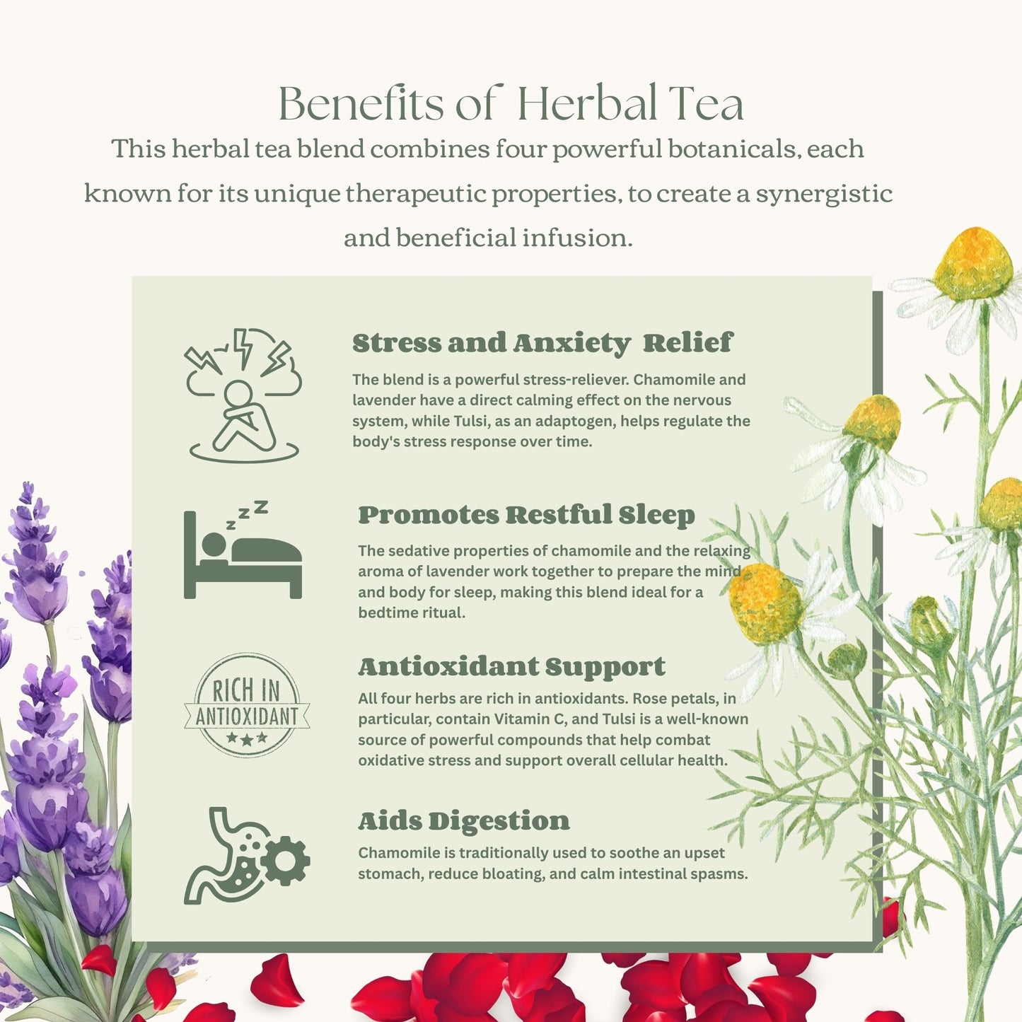 Better Sleep and Calming Herbal Tea | Sleep & Calm Herbal Tea | Chamomile, Lavender, Tulsi & Rose Herbal Blend