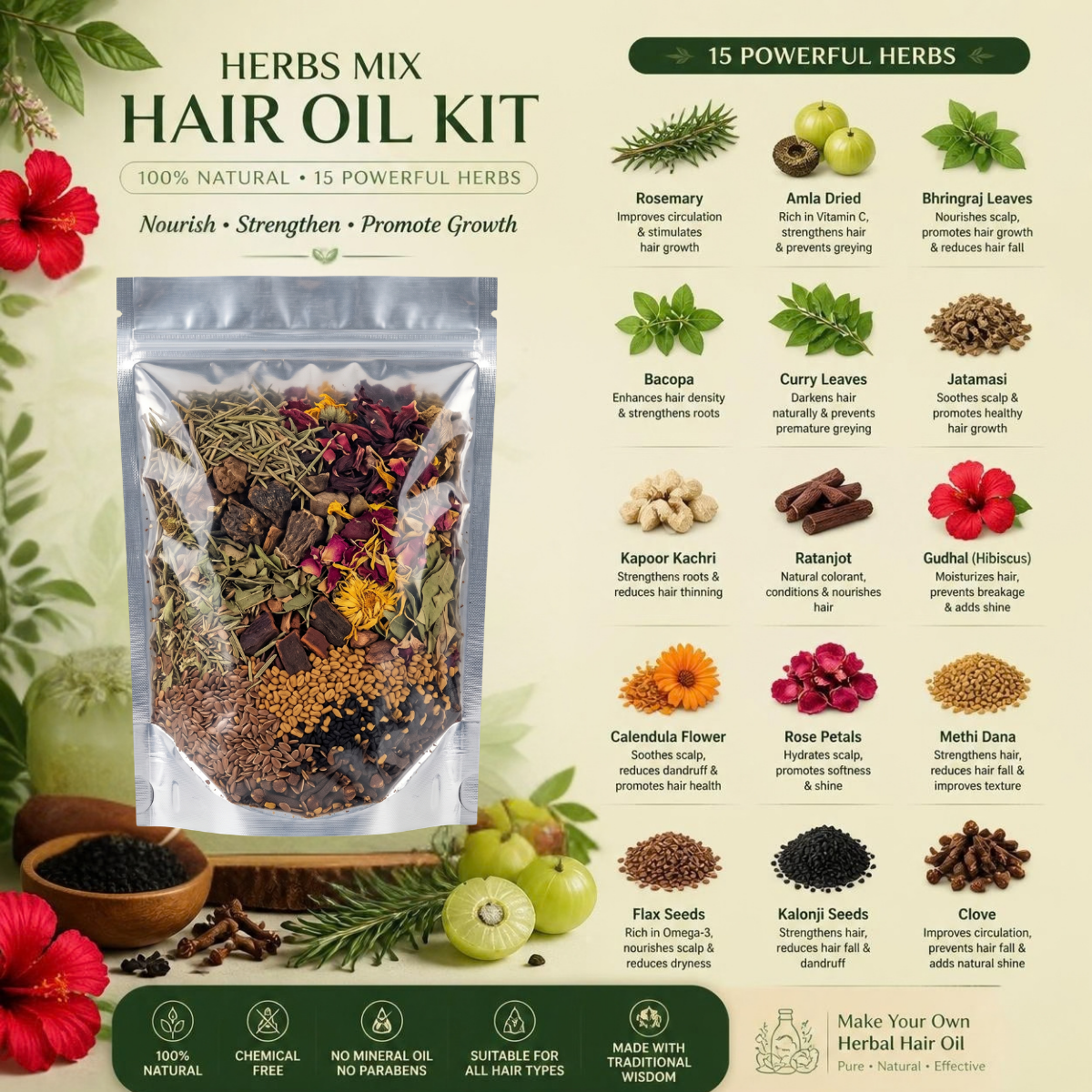 100g DIY Hair Oil Kit – Mix of 15 Natural Herbs & Seeds | Includes Rosemary, Amla, Bhringraj, Hibiscus, Kalonji & Methi Dana | Raw Herbal Blend for Hair Growth, Scalp Care & Strength