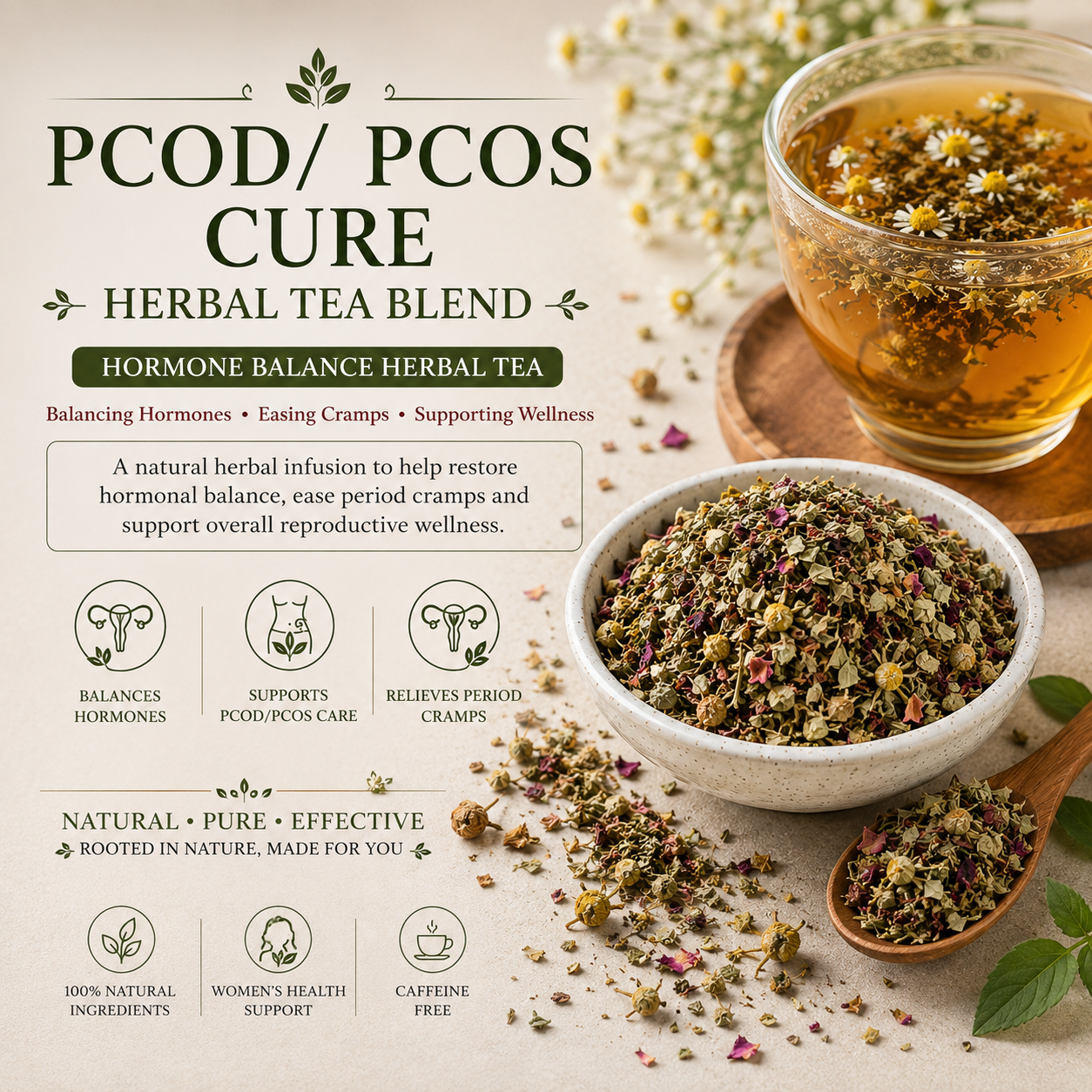 PCOD/ PCOS Cure Herbal Tea Blend l Hormone Balance Herbal Tea l Period Cramps Relief natural herbs Tea