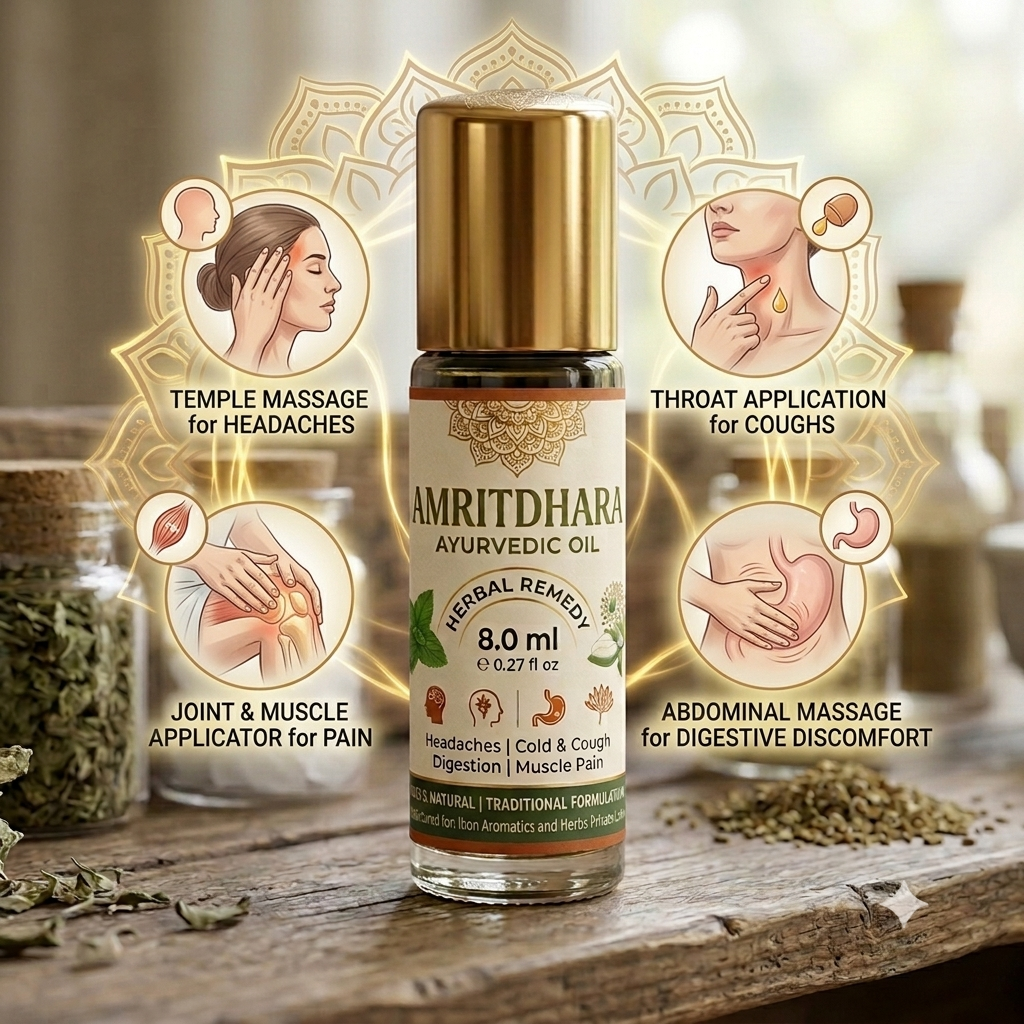 Amritdhara Ayurvedic Oil Blend 8.0ml Roll On  Pack | For Toothache, Headache, Cough, Blocked Nose & Stomach Pain
