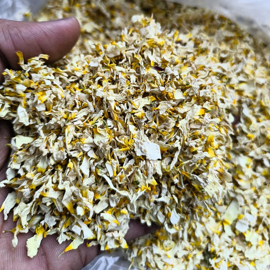 Hand holding a small amount of dried flowers with a white background