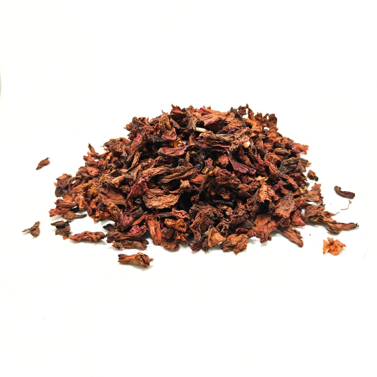 Dried Gudhal flower petals with fresh red Hibiscus rosa-sinensis bloom inset