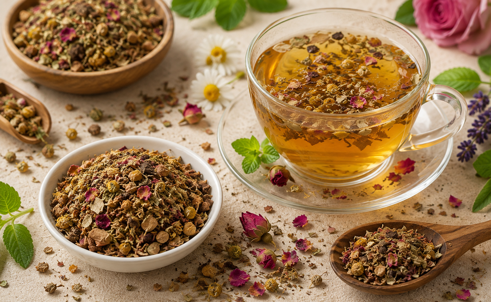 Tea-making setup with a cup of tea, dry herbs, and flowers on a textured surface.