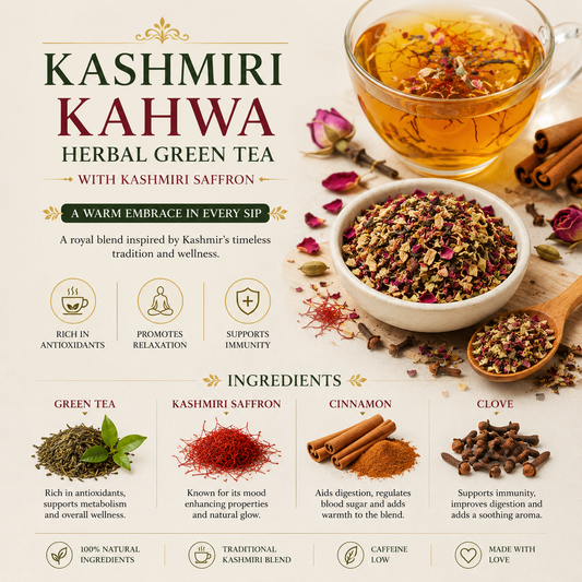 Kashmiri Kahwa Herbal Green Tea with Kashmiri Saffron, Green Tea, Cinnamon, Clove