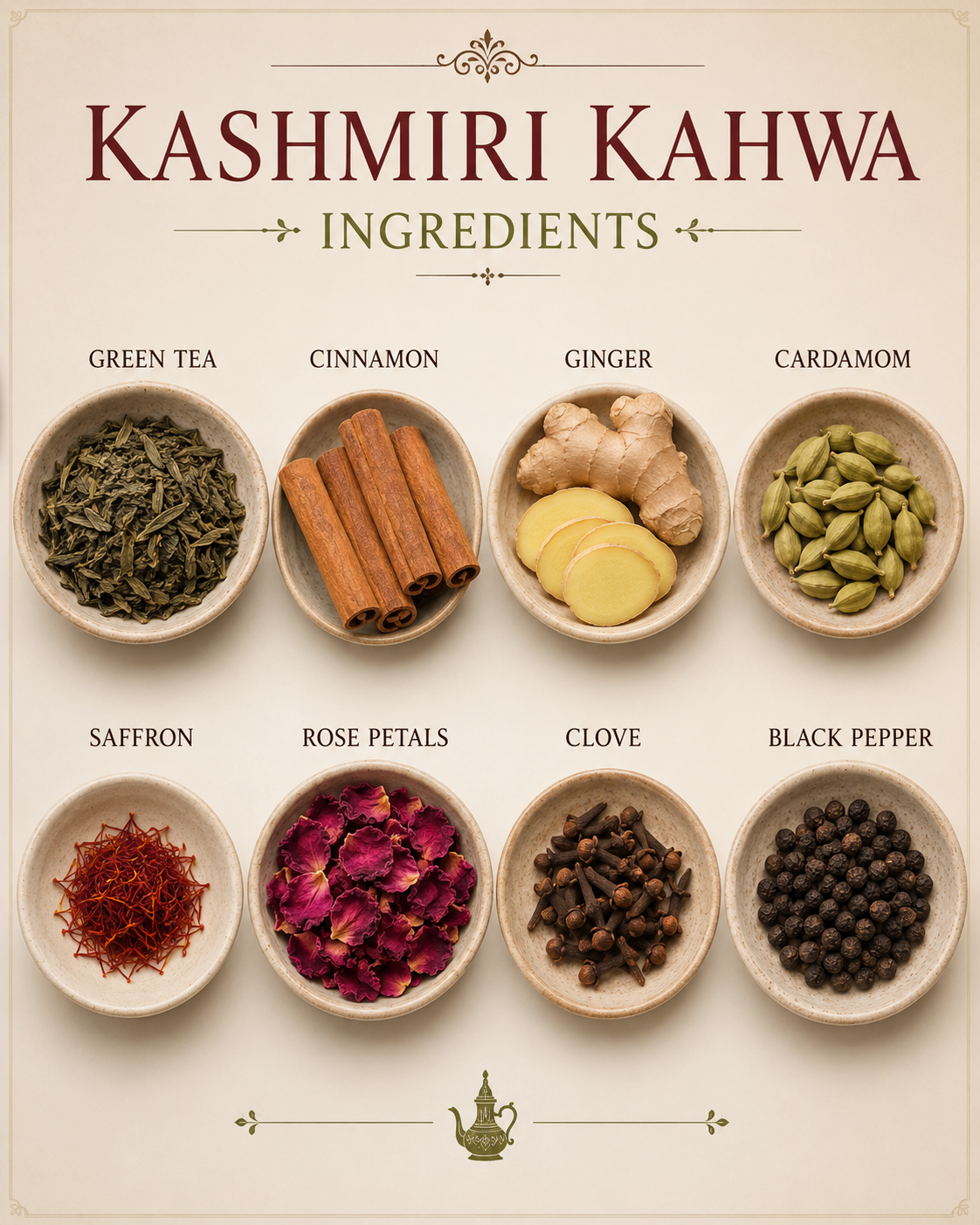 Kashmiri Kahwa Herbal Green Tea with Kashmiri Saffron, Green Tea, Cinnamon, Clove
